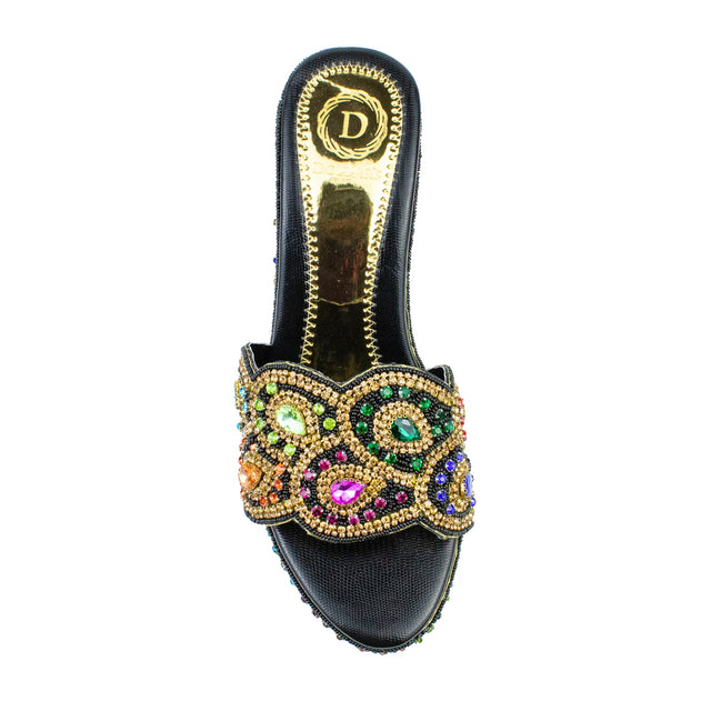 Handcrafted Black Multicolour Crystal Wedge Heel Sandals