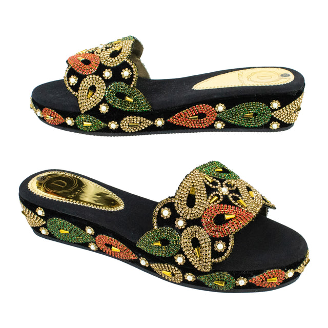 Handcrafted Gold Multicolour Wedge Heel Sandals