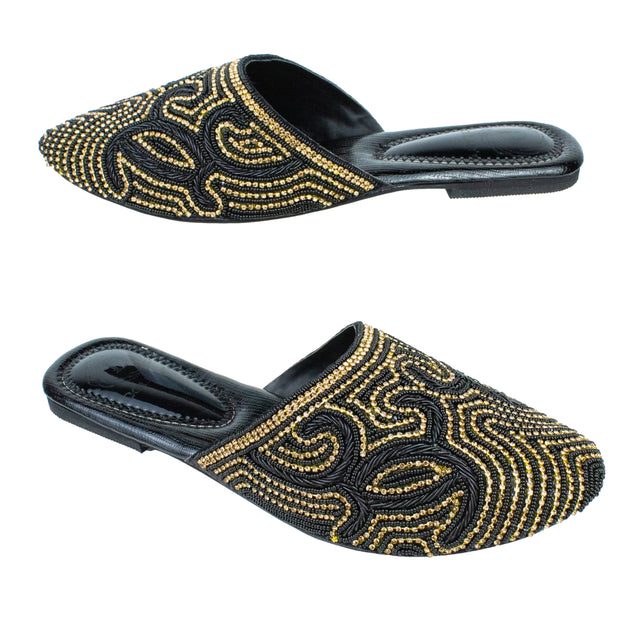 Polished Black Gold Flat Slippers