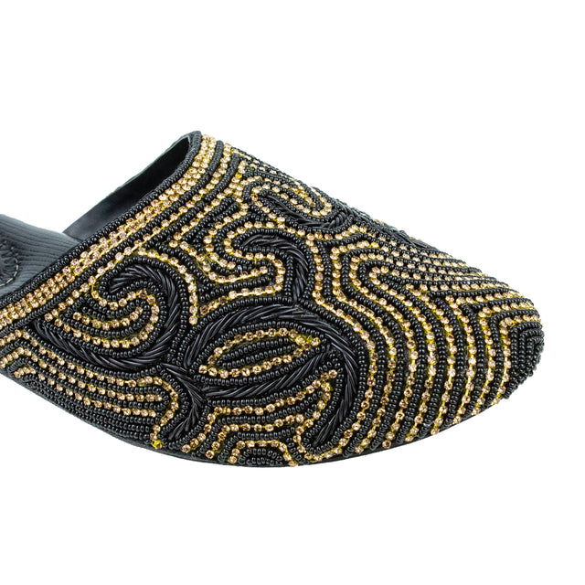 Polished Black Gold Flat Slippers