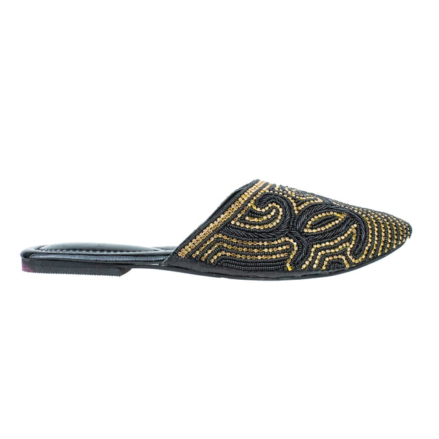 Polished Black Gold Flat Slippers