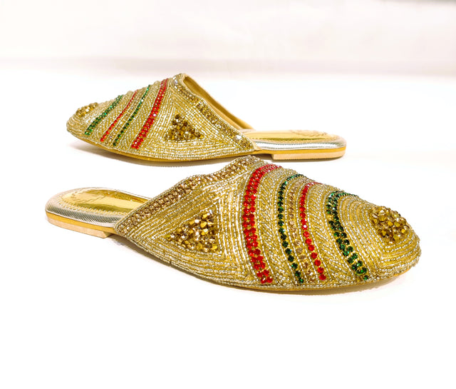 Chic-casual Gold Multicolour Flat Slippers