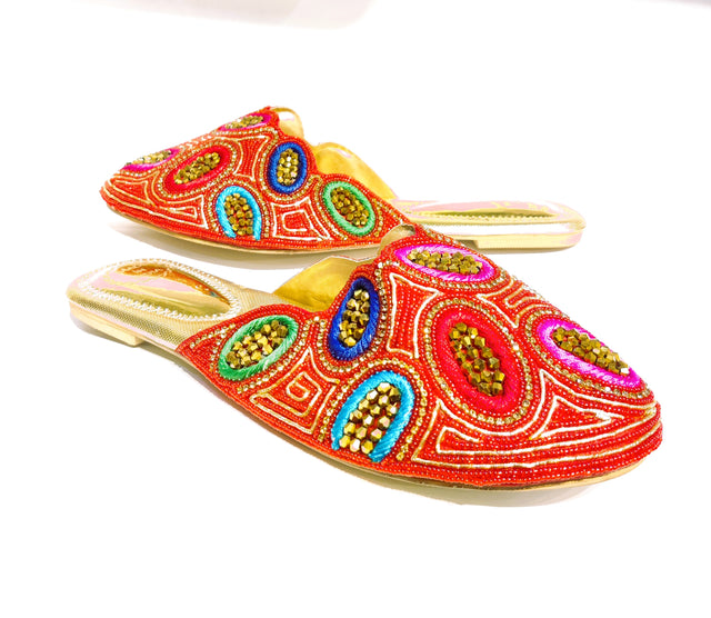 Enchanting Red Multicolour Flat Slippers