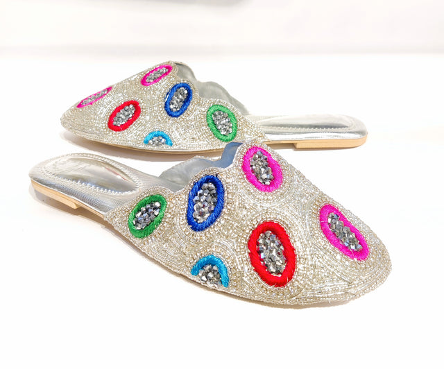 Iconic Silver Multicolour Flat Slippers
