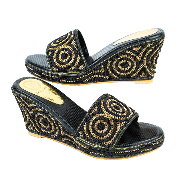 Handcrafted Black Elegant Wedge Flat Sandals