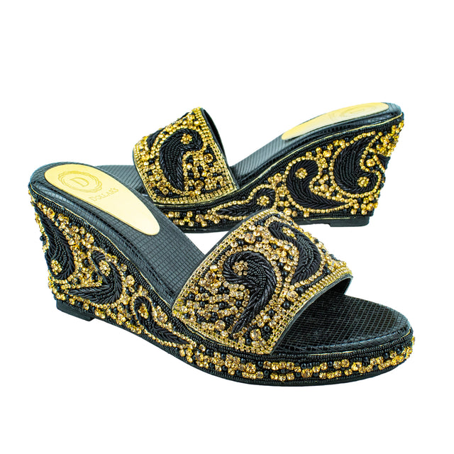 Handcrafted Black Elegant Wedge Flat Sandals