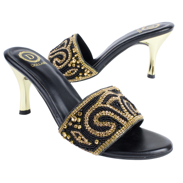 Edgy Black Gold Pencil Heel Sandals