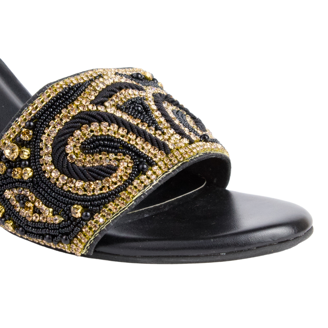 Edgy Black Gold Pencil Heel Sandals