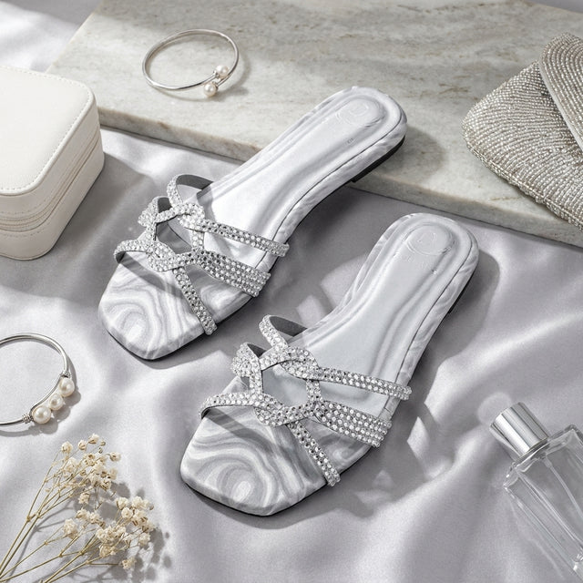 Bella Silver Flat Silk Design Slippers | S261F-S