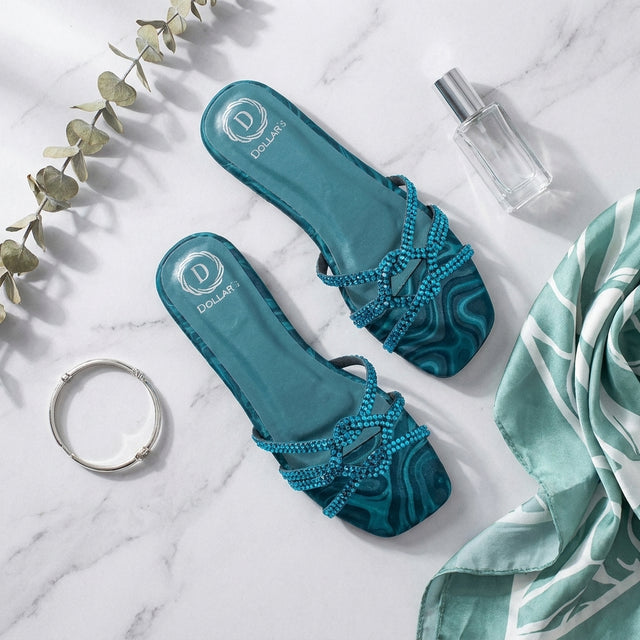 Bella Teal Flat Silk Design Slippers | S261F-T