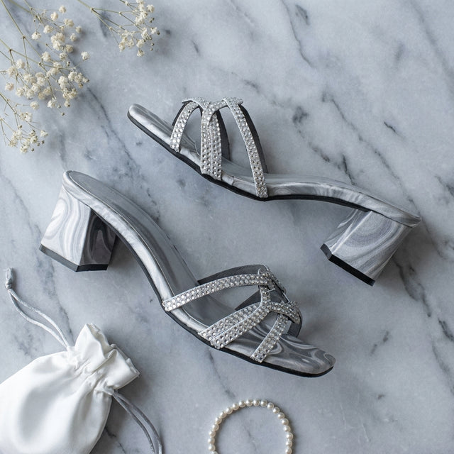 Bella Silver 2in Sculpted Block Heel Silk Design Sandals | S261H-S