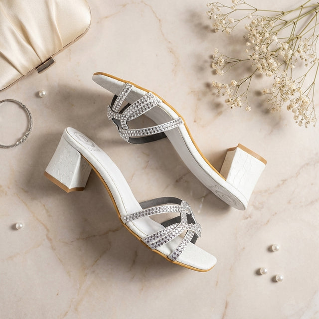 Bella White 2in Sculpted Block Heel Silk Design Sandals | S261H-W