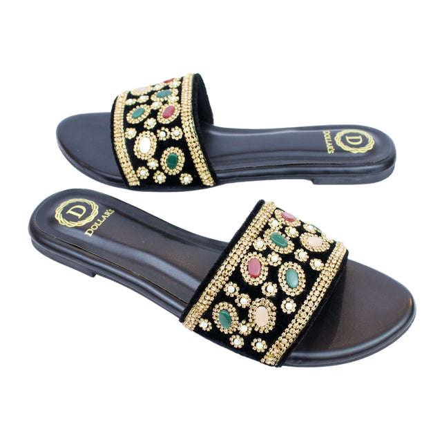 Gold Flat Beaded Slippers | S288F-G