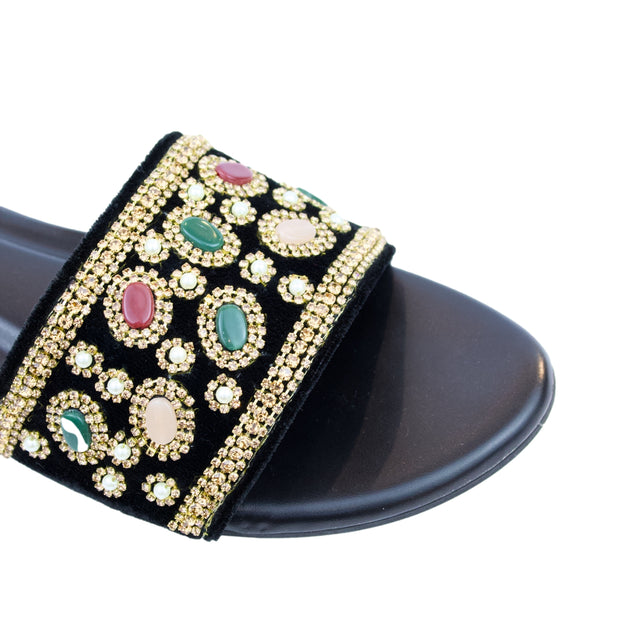 Gold Flat Beaded Slippers | S288F-G