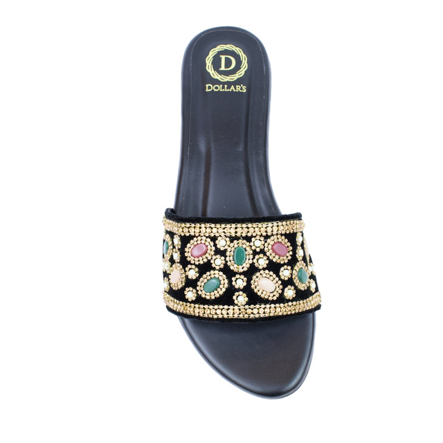 Gold Flat Beaded Slippers | S288F-G