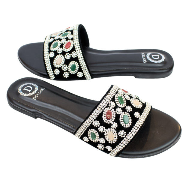 Silver Flat Beaded Slippers | S288F-S