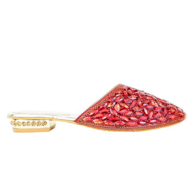 Women Handcrafted Red Flat Slippers with Crystal Stones