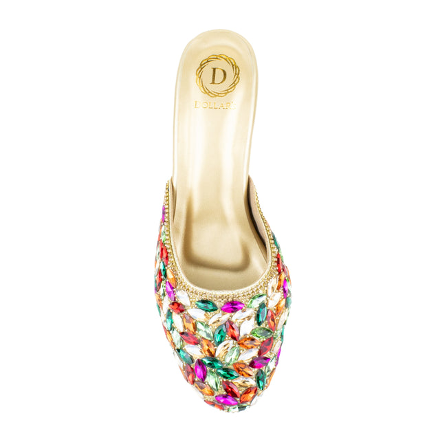 Women Handcrafted Gold Multi Heels with Crystal Stones