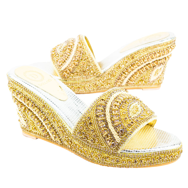 Gold Handcrafted Crystal Wedge Sandals