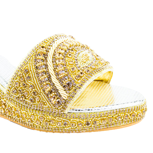 Gold Handcrafted Crystal Wedge Sandals