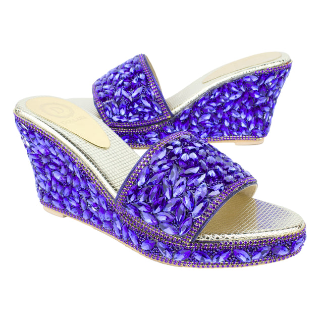 Women Handcrafted Blue Wedge Slippers