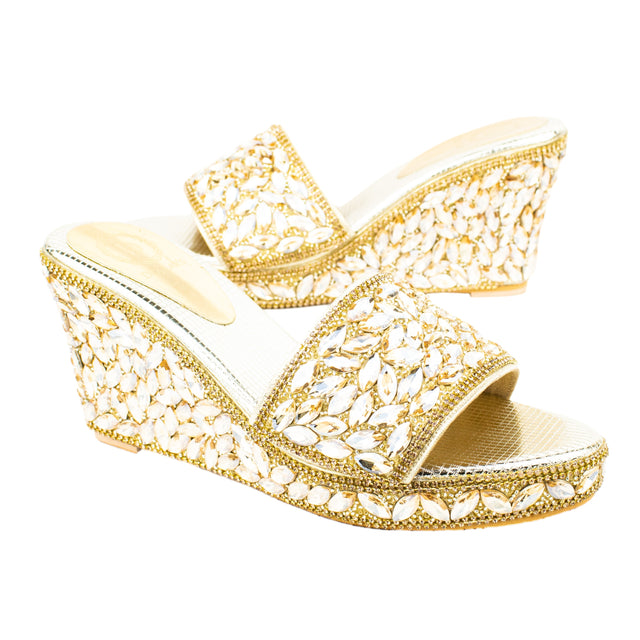 Women Handcrafted Gold Wedge Slippers