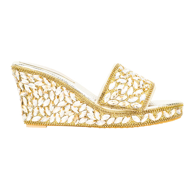 Women Handcrafted Gold Wedge Slippers
