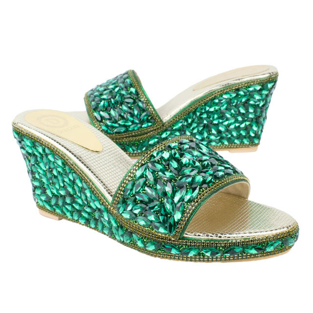 Women Handcrafted Green Wedge Slippers
