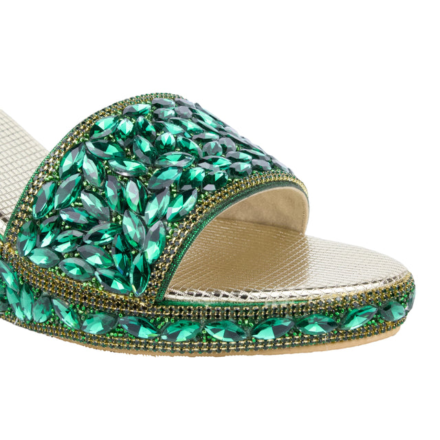 Women Handcrafted Green Wedge Slippers