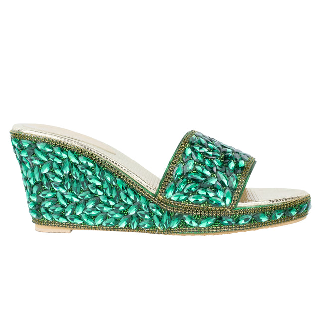 Women Handcrafted Green Wedge Slippers