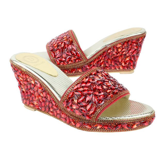 Women Handcrafted Red Wedge Slippers