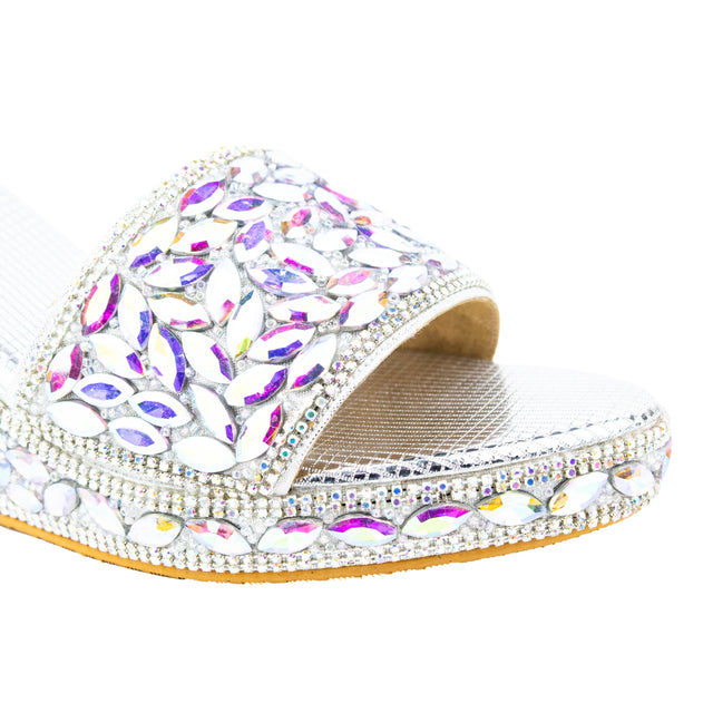 Women Handcrafted Silver Rainbow Wedge Slippers