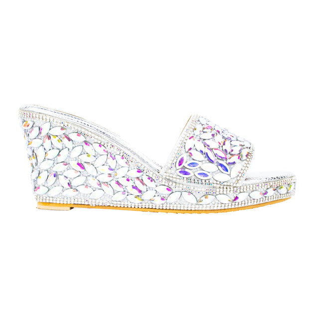 Women Handcrafted Silver Rainbow Wedge Slippers