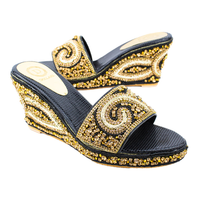 Women Handcrafted Black Wedge Slippers
