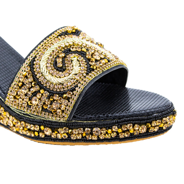 Women Handcrafted Black Wedge Slippers