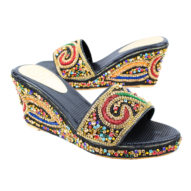 Women Handcrafted Black Multi Wedge Slippers