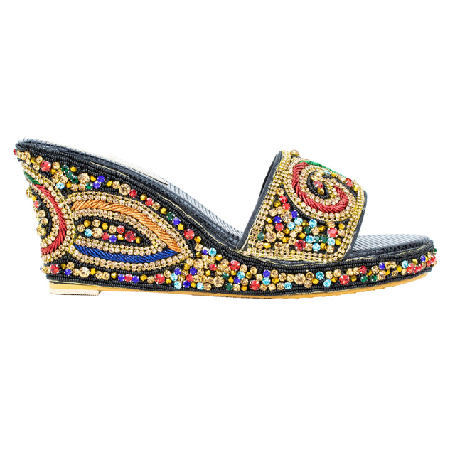 Women Handcrafted Black Multi Wedge Slippers