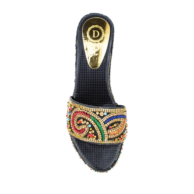 Women Handcrafted Black Multi Wedge Slippers