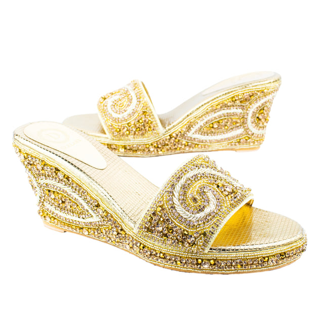 Women Handcrafted Gold Wedge Slippers