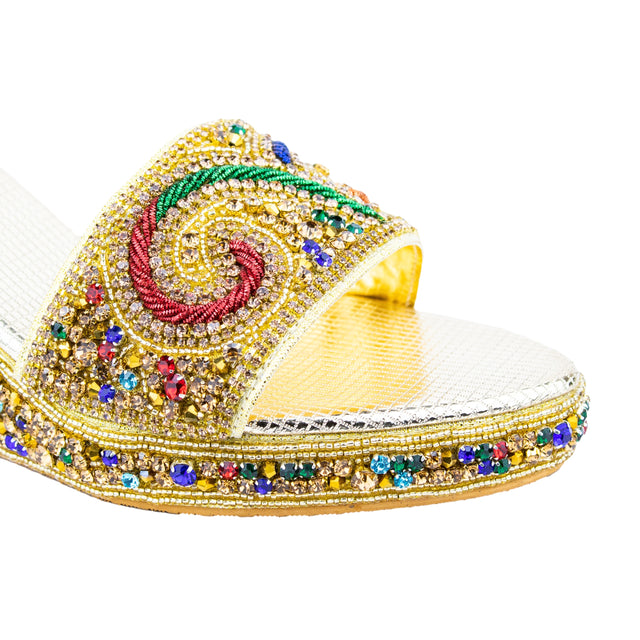 Women Handcrafted Gold Multi Wedge Slippers