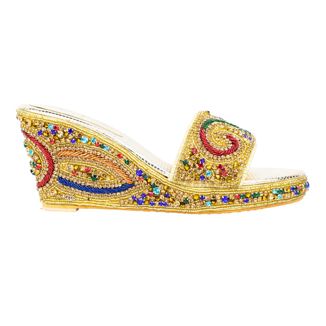 Women Handcrafted Gold Multi Wedge Slippers