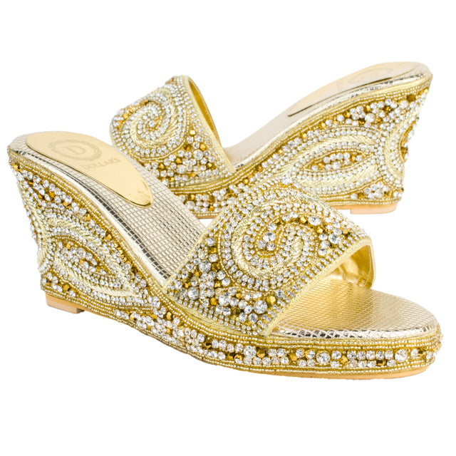 Women Handcrafted Light Gold Wedge Slippers