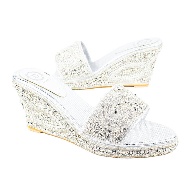 Women Handcrafted Silver Wedge Slippers