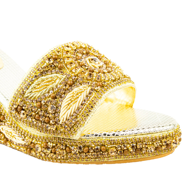 Women Handcrafted Gold Wedge Slippers