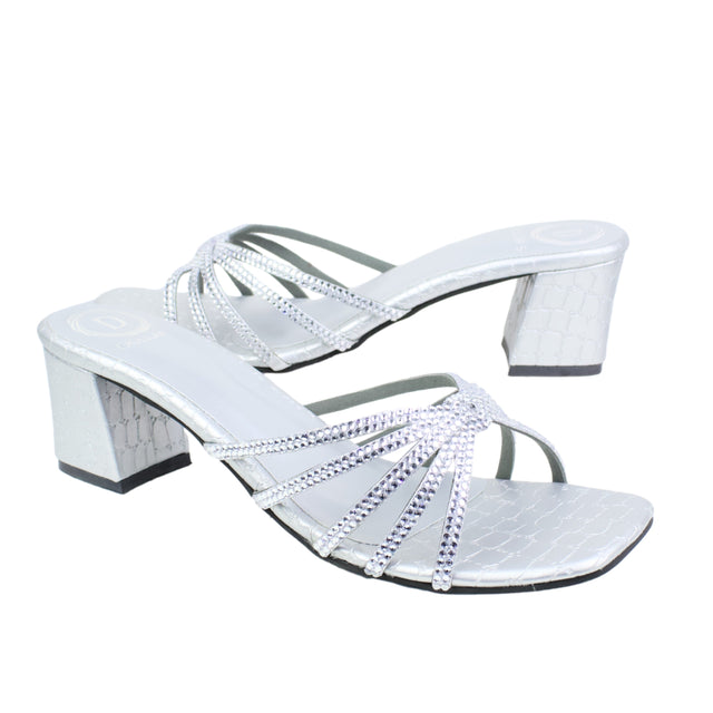 Silver 2in Sculpted Block Heel Handcrafted Mule Sandals | S339H-S