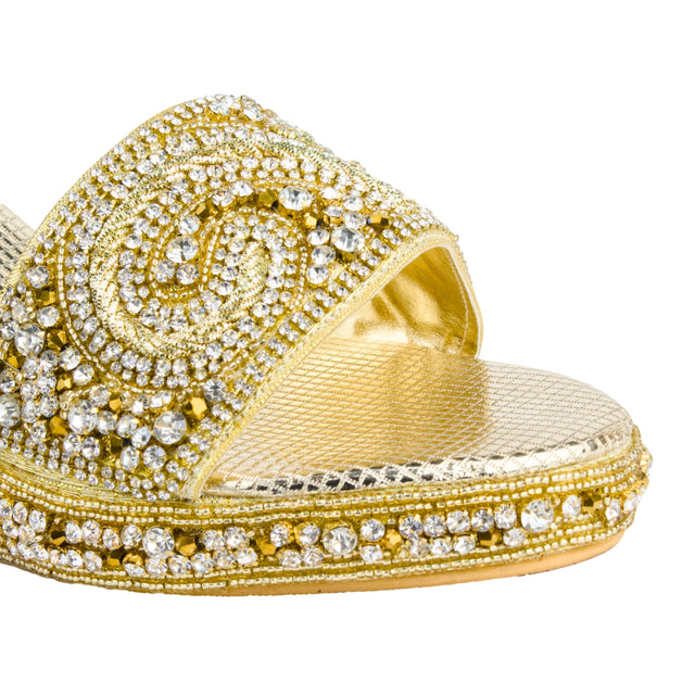 Women Handcrafted Light Gold Wedge Slippers