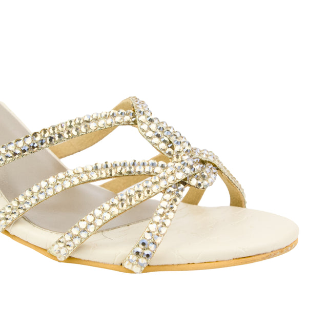 Cream Heel Crystal Encrusted Slip-On Sandals | S345H-C