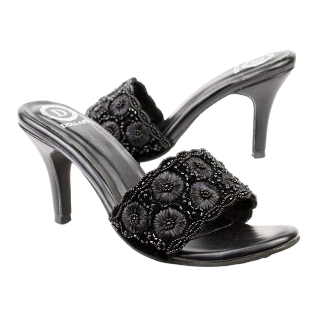 Black 3in Stiletto Heel Floral Slides | S375H-B