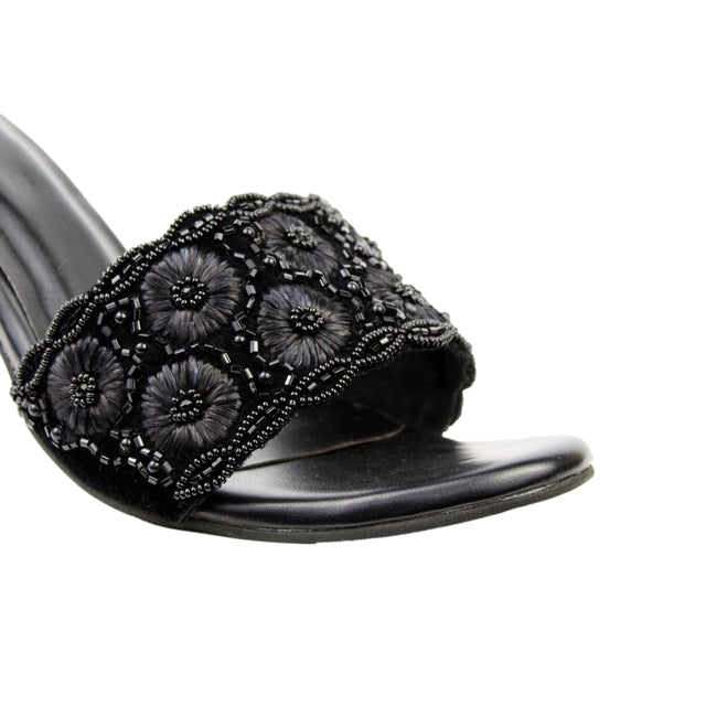 Black 3in Stiletto Heel Floral Slides | S375H-B
