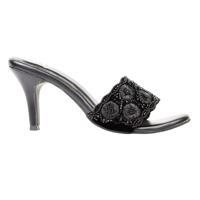 Black 3in Stiletto Heel Floral Slides | S375H-B